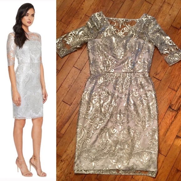 Tahari Dresses & Skirts - Tahari ASL Sequin Embroidery Sheath Dress Silver
